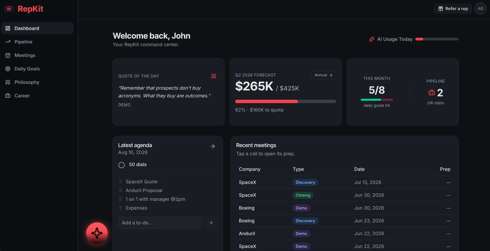 RepKit web dashboard: quota forecast, daily agenda, and recent meetings