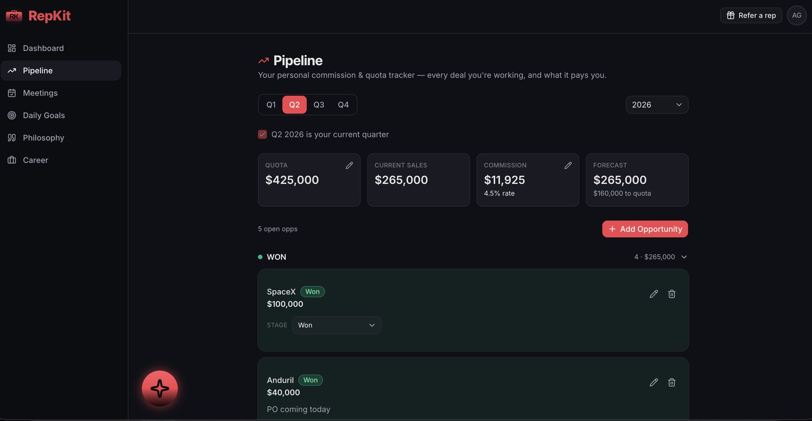 Pipeline and commission tracking in the RepKit web app